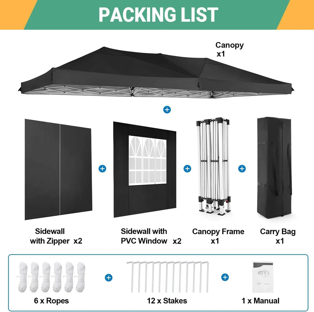 COBIZI Pop Up Canopy Tent 10x20ft With 6 Sidewalls, Black