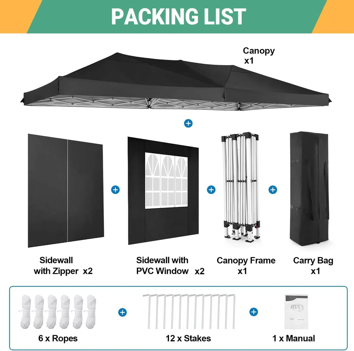 COBIZI Pop Up Canopy Tent 10x20ft With 6 Sidewalls, Black