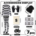 7Pcs Bank Robber Costume for Women, Burglar Outfit with Striped Shirt for Halloween Cosplay