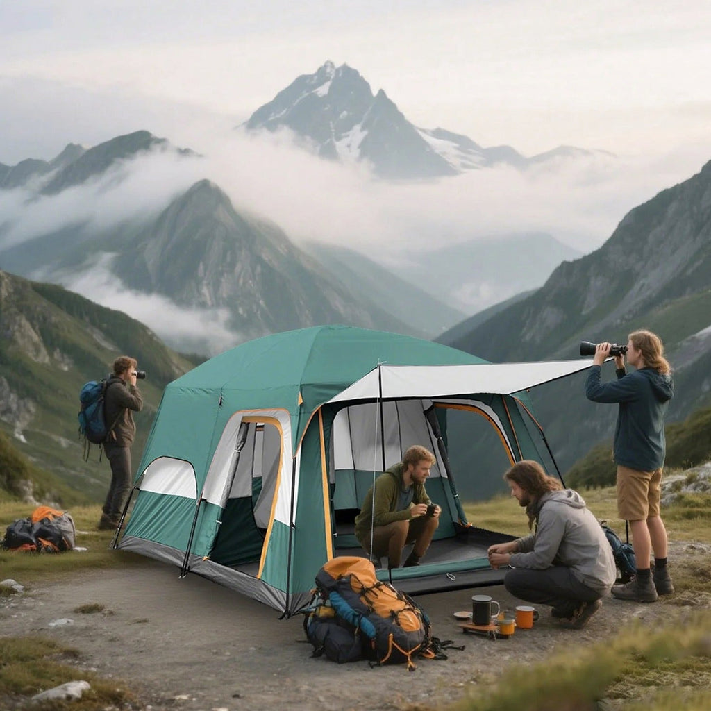 KFeng 12 Person Camping Tent, 2 Rooms, 3 Mesh Doors, 3 Mesh Windows, Brown