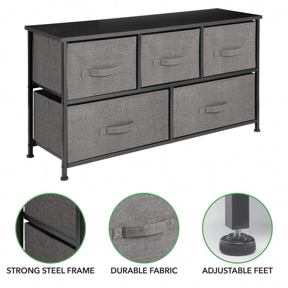 mDesign Wide Storage Dresser With 5 Removable Fabric Drawers - Dark Gray