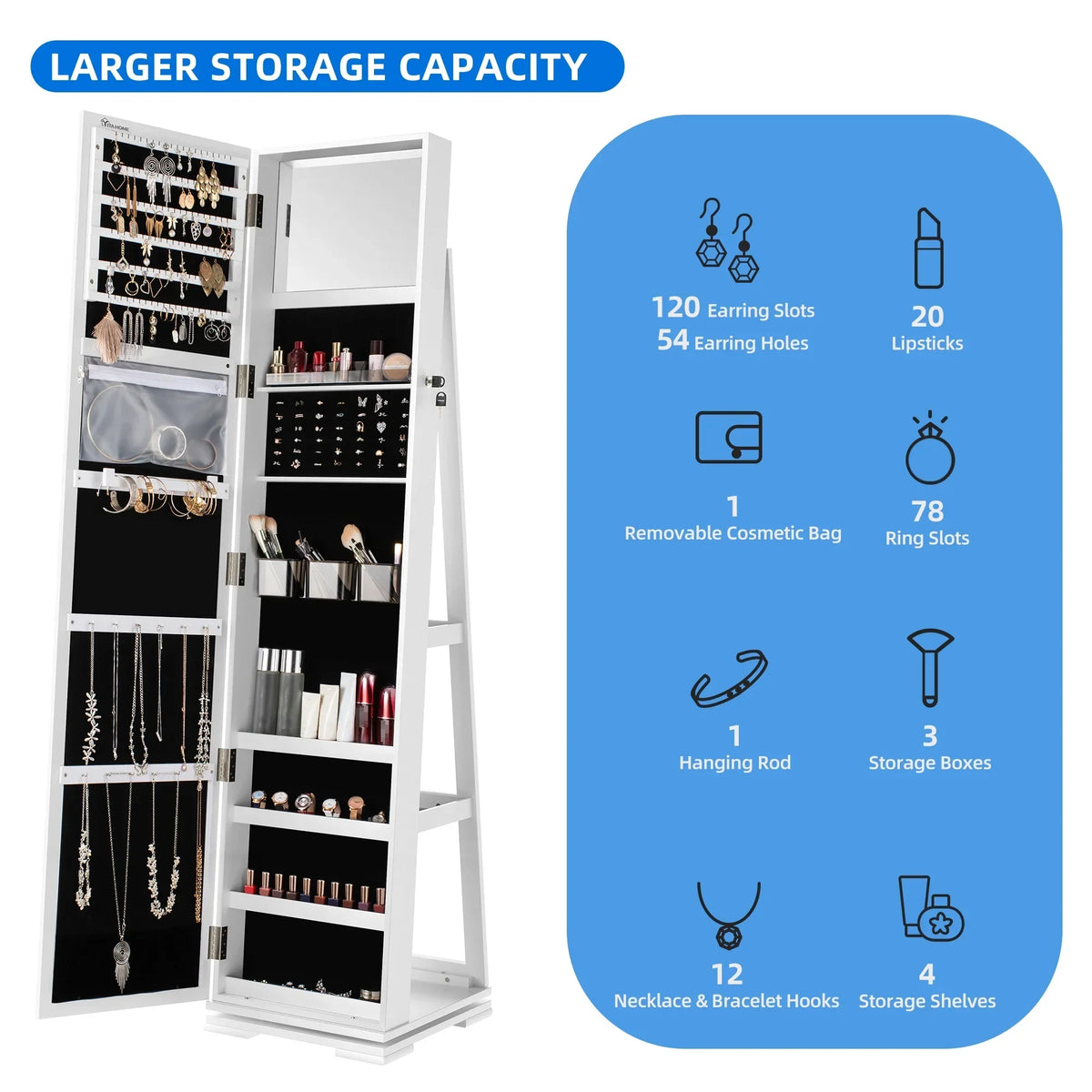 Dextrus Rotating Jewelry Armoire With Full Length Mirror, White