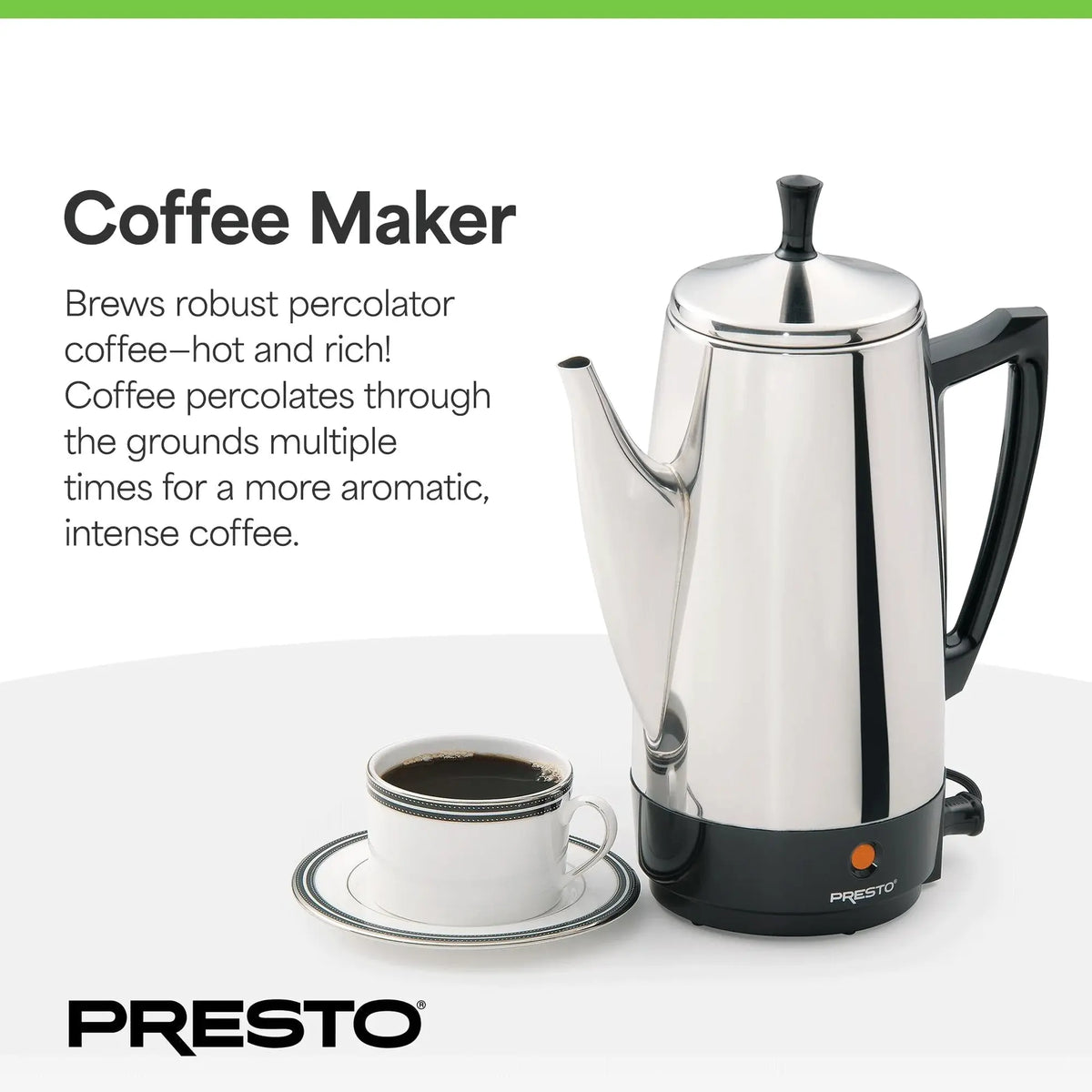 Presto Stainless Steel Percolator Coffee Maker, 12 Cup, Silver