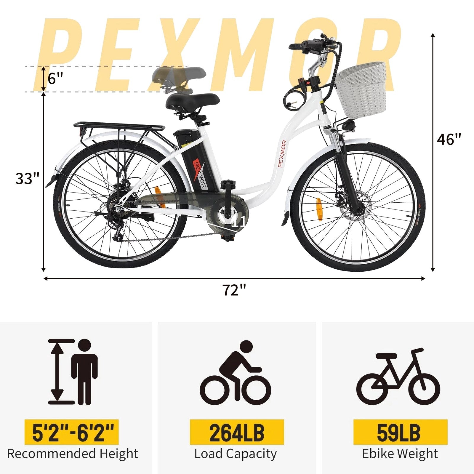 PEXMOR Adult City Commuter Electric Bike 350W Peak 500W 36V 12.5AH 26in Shimano 6-Speed