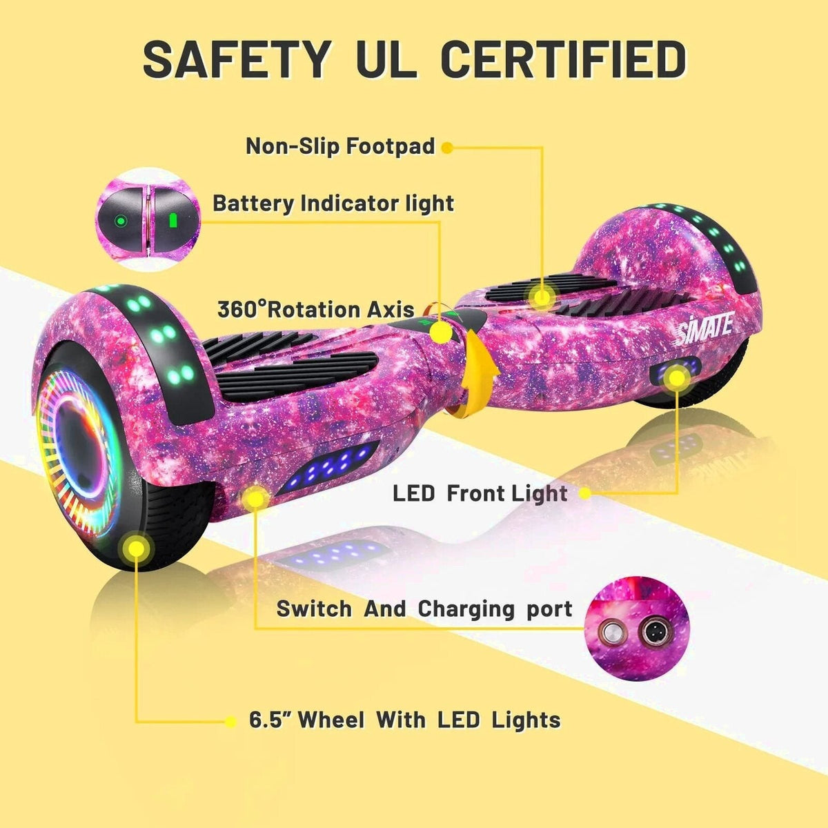 SIMATE 6.5in Self-Balancing Hoverboard With Bluetooth, LED Lights, Galaxy Purple - SIMATE Hoverboard
