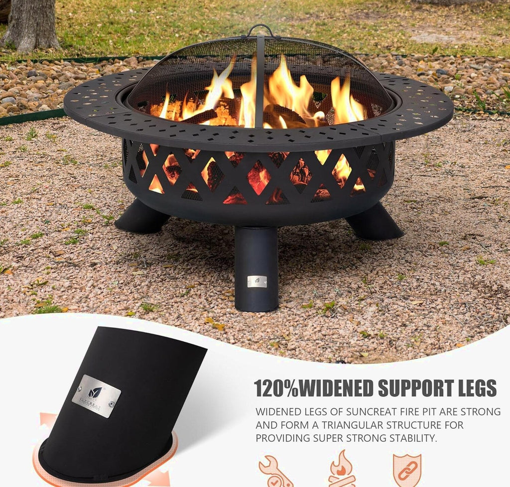 SUNCREAT 42 Inch Star Pattern Wood Burning Patio Fire Pit With Mesh Spark Screen And Poker, Black