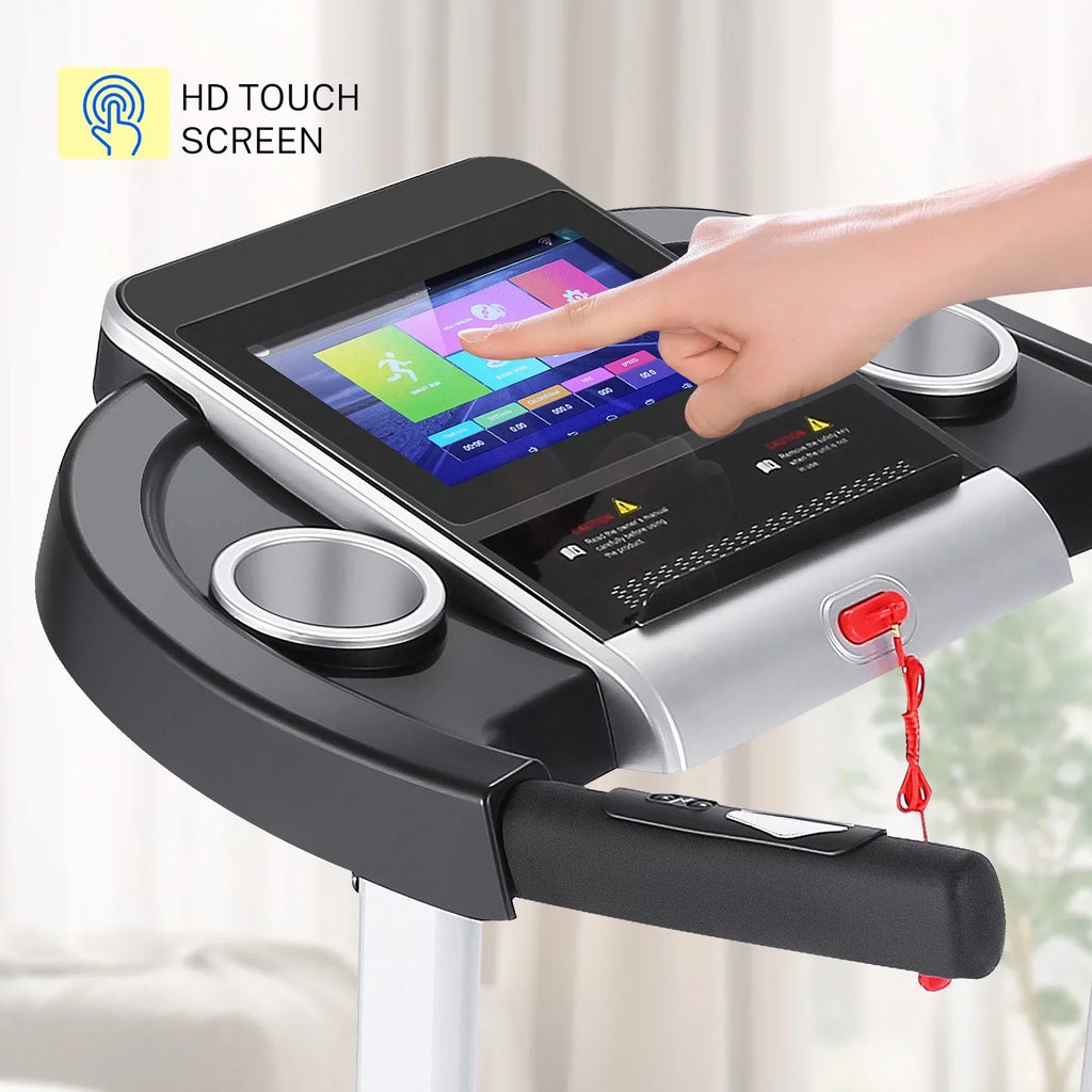 Tikmboex Folding Treadmill, 3.25HP, 10in HD TV Movie Touchscreen, Silver