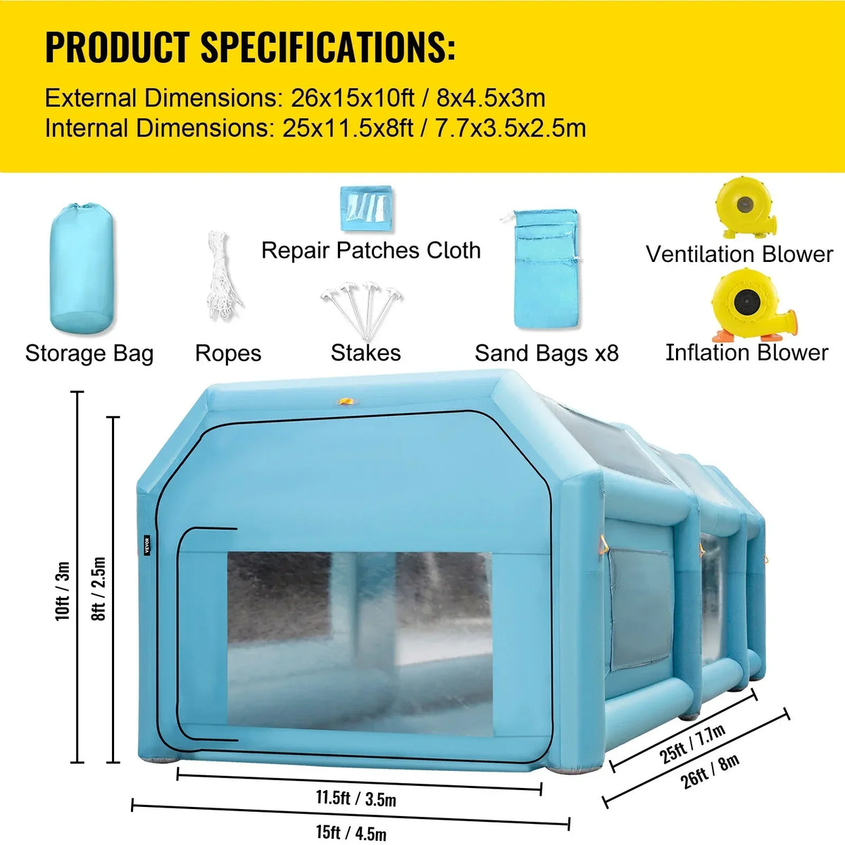 BENTISM Inflatable Car Paint Booth 26x15x10FT With Filter System And 2 Blowers