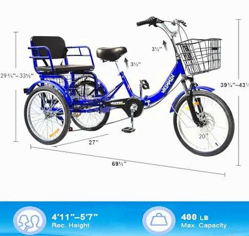 WEIMMIN Adult Folding Tricycle, 20 Inch, 3 Wheel, 7 Speed, Star Strip Blue