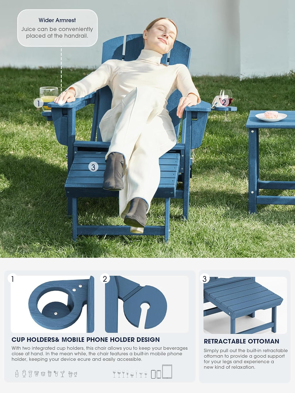KINGYES Folding Adjustable HDPE Adirondack Recliner Chair With Retractable Ottoman And Cup Holder - Blue