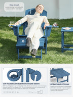 KINGYES Folding Adjustable HDPE Adirondack Recliner Chair With Retractable Ottoman And Cup Holder - Blue