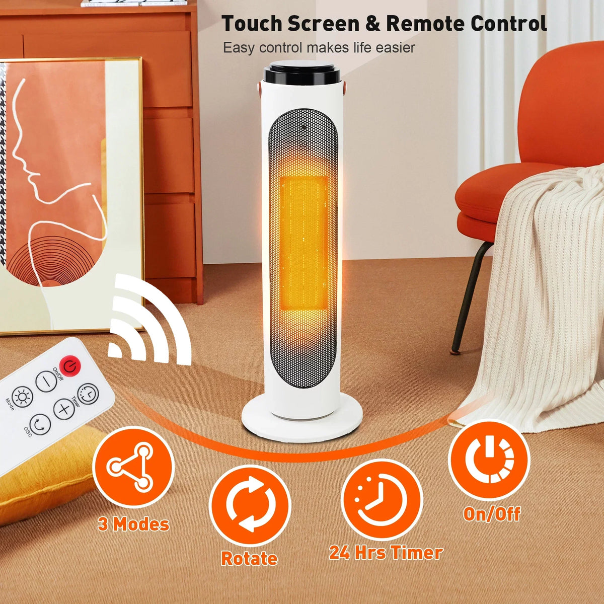 PTC Oscillating Ceramic Space Heater 1500W With Remote And 24-Hour Timer - White