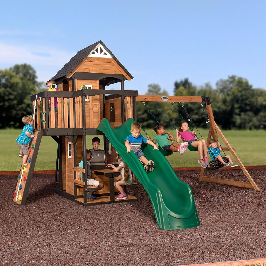 Backyard Discovery Canyon Creek Cedar Wood Swing Set With 8-Foot Wave Slide, Clubhouse And Play Kitchen