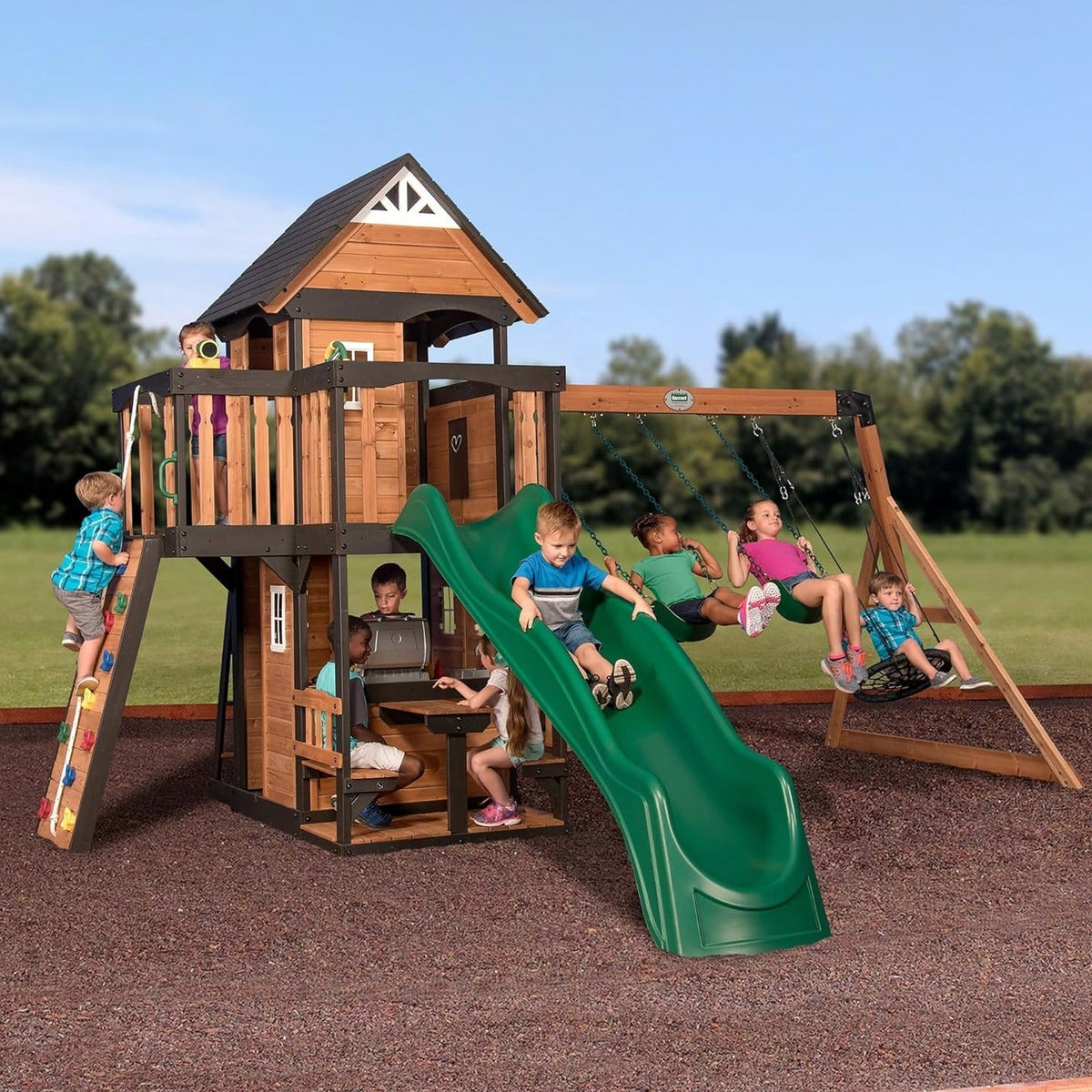 Backyard Discovery Canyon Creek Cedar Wood Swing Set With 8-Foot Wave Slide, Clubhouse And Play Kitchen