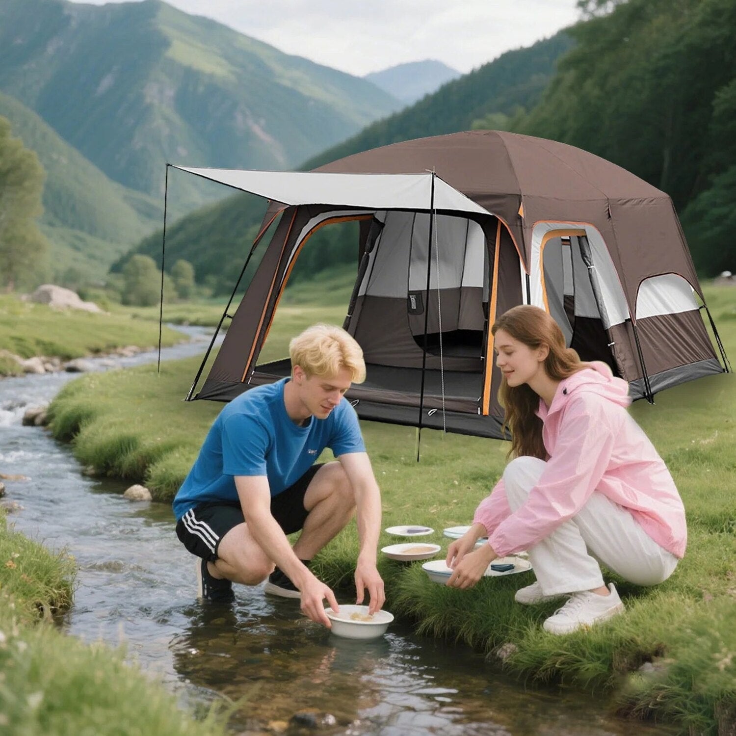 KFeng 12 Person Camping Tent, 2 Rooms, 3 Mesh Doors, 3 Mesh Windows, Brown