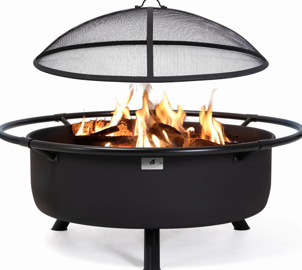 SUNCREAT 42 Inch Star Pattern Wood Burning Patio Fire Pit With Mesh Spark Screen And Poker, Black