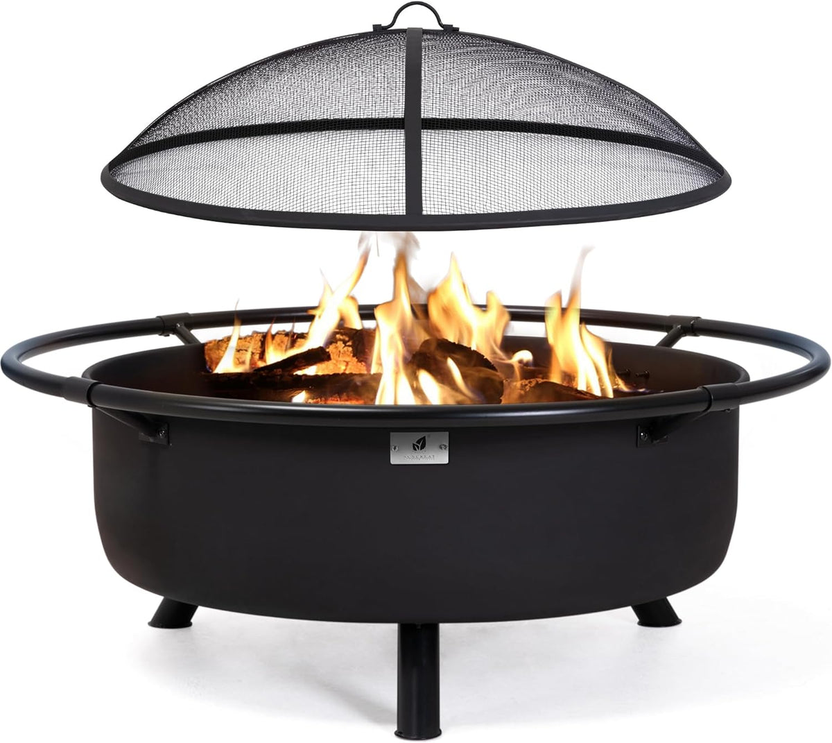 SUNCREAT 42 Inch Star Pattern Wood Burning Patio Fire Pit With Mesh Spark Screen And Poker, Black