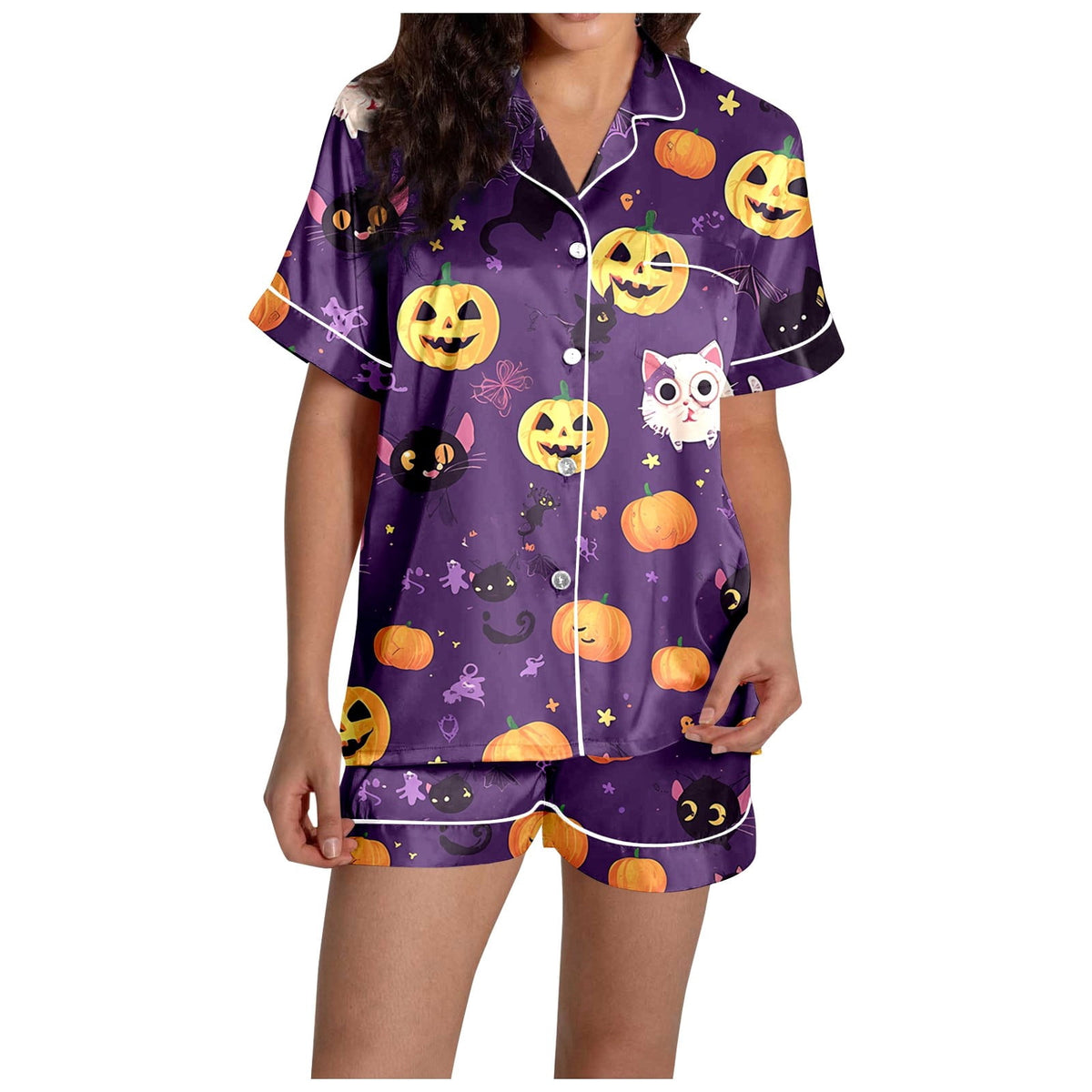 MEZZALL Women Halloween Printed Pajama With Lapel Collar Short Sleeve Tops And Shorts For Home Wear Cozy For Lightweight And Breathable Comfort Relaxed Fit 2 Piece Pjs