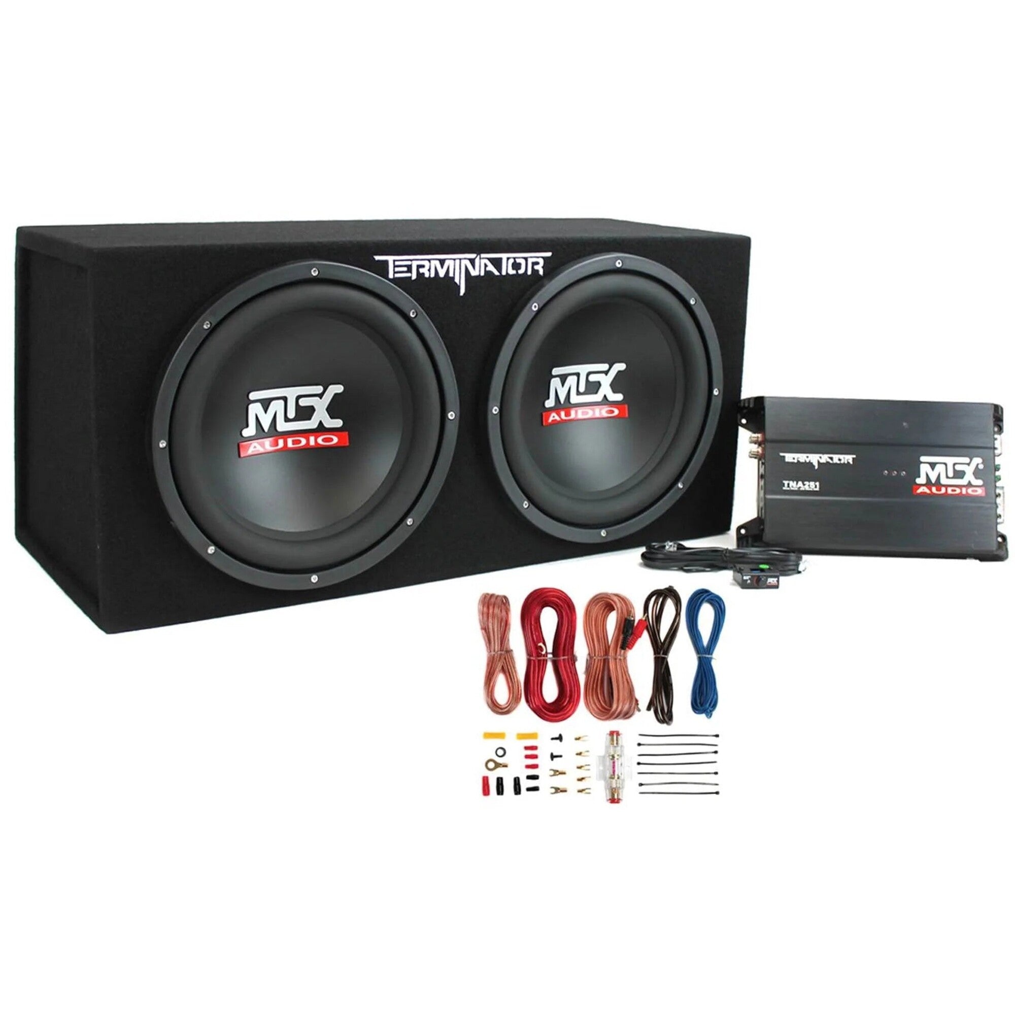 MTX Terminator Dual Loaded 12in 1200W Car Subwoofer Enclosure With Amplifier And 8-Gauge Amp Kit