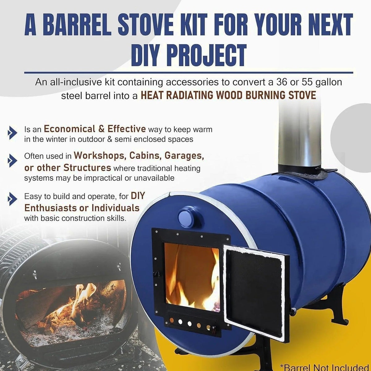 Sonret Barrel Wood Stove Kit for 30-55 Gallon Drums - Kit C