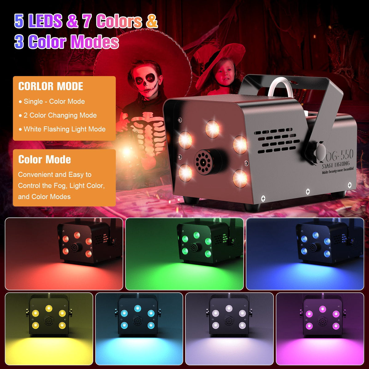 Wondnuga Halloween Fog Machine Smoke Machine 550W 3-in-one RGB Light Beads Smoke Machine Remote Control for Halloween Party Wedding