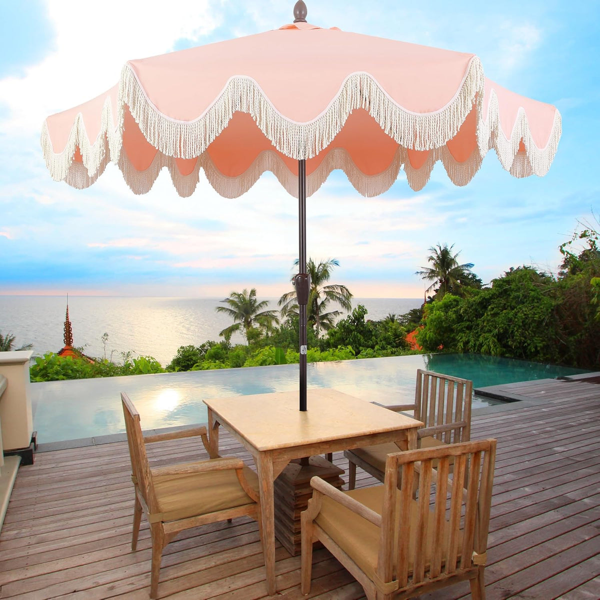 JONATHAN Y 9 ft Classic Cottage Tassel Market Patio Umbrella - UMB1001