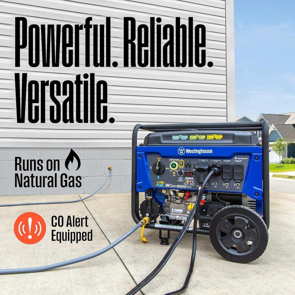 Westinghouse Tri-Fuel Portable Generator, 12500 Peak Watts, Remote Electric Start, Transfer Switch Ready