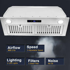 30 Inch Built-In Range Hood 800 CFM 3-Speed Touch Control