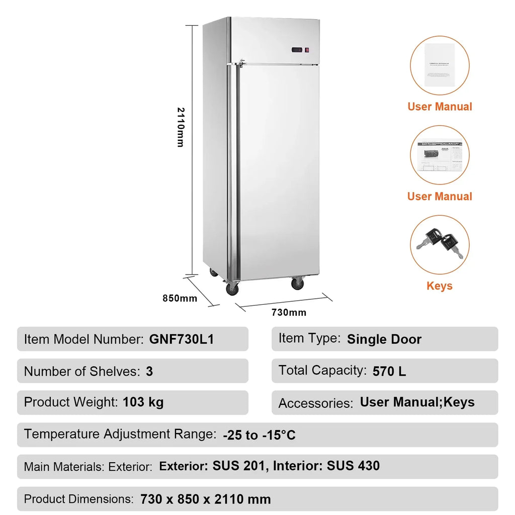 SKYSHALO Commercial Reach-In Upright Freezer 19.32 Cu.ft 1 Door 4 Shelves