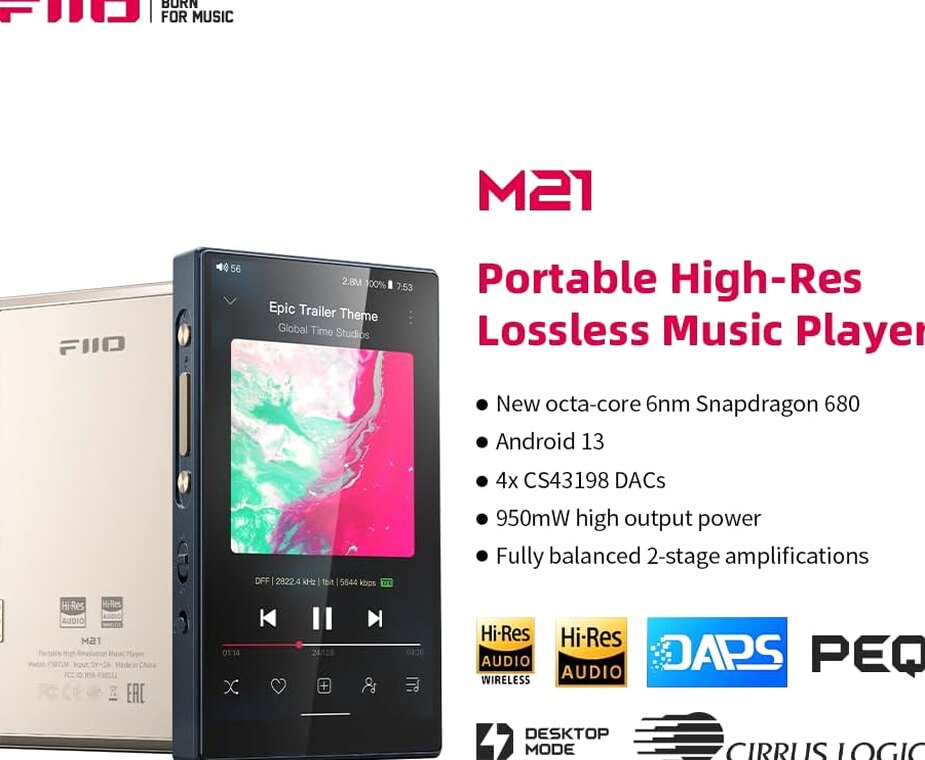 FiiO Hi-Res Music Player, Android 13, Snapdragon 680, 64 GB, Blue-Black - M21