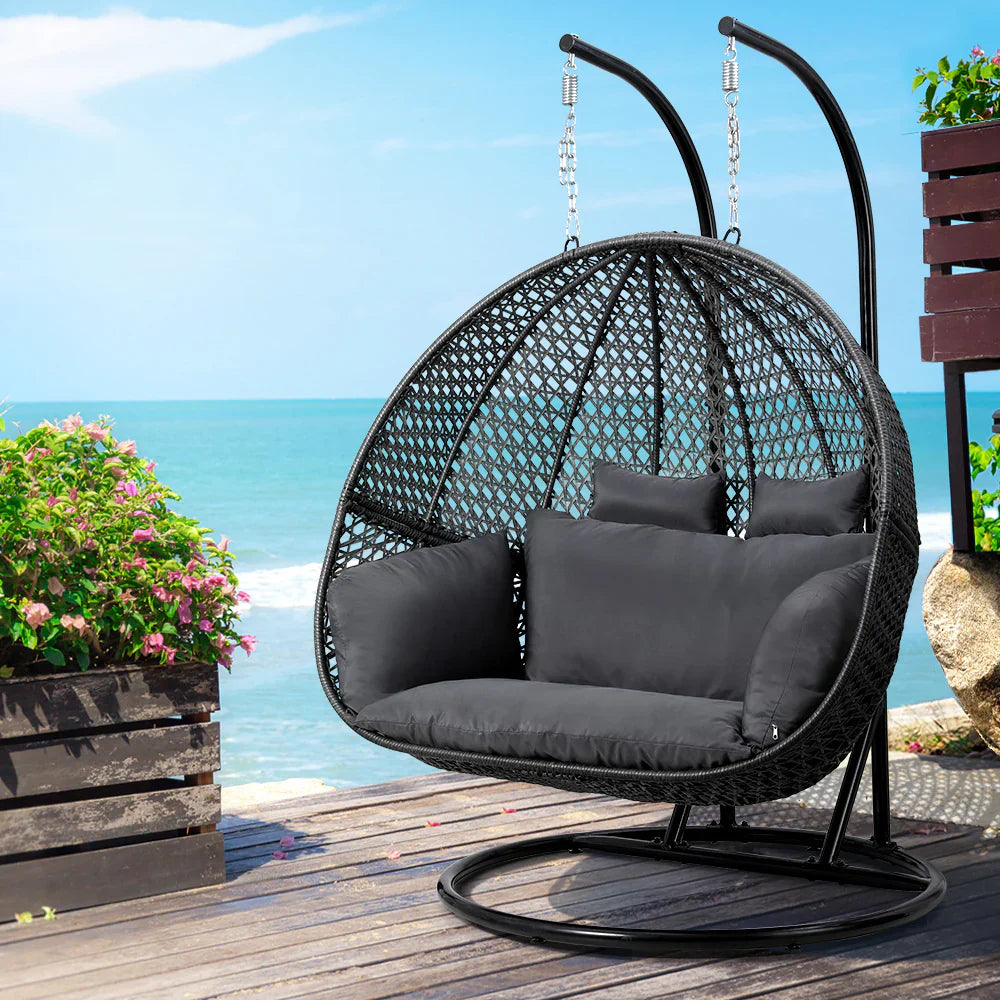 Gardeon Hanging Pod Chair With Stand And Cushion, 2 Seater, Grey