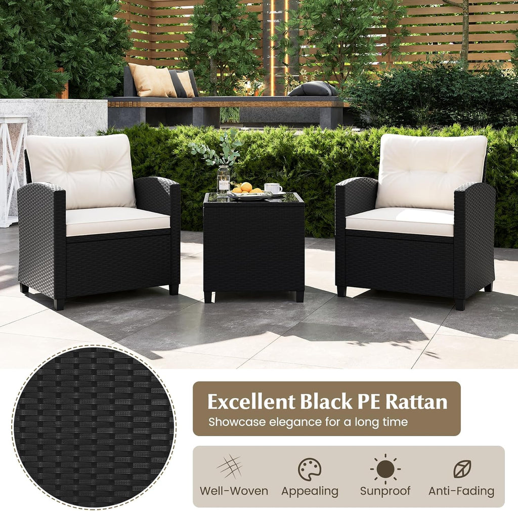 Tangkula 3-Piece Patio Rattan Conversation Set With Cushions And Glass-Topped Coffee Table