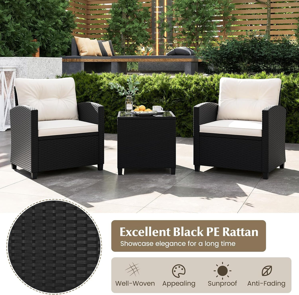 Tangkula 3-Piece Patio Rattan Conversation Set With Cushions And Glass-Topped Coffee Table