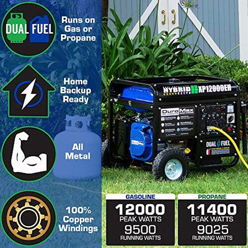 DuroMax Dual Fuel Generator 12,000W Gas/Propane, 457cc 4-Stroke Engine - XP12000EH