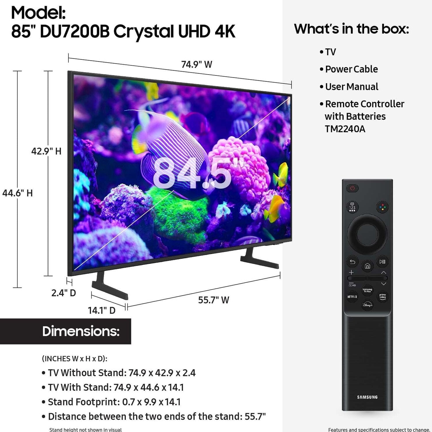 Samsung 85 inch Crystal UHD 4K Smart TV With PurColor And HDR - DU7200B 2024 Model