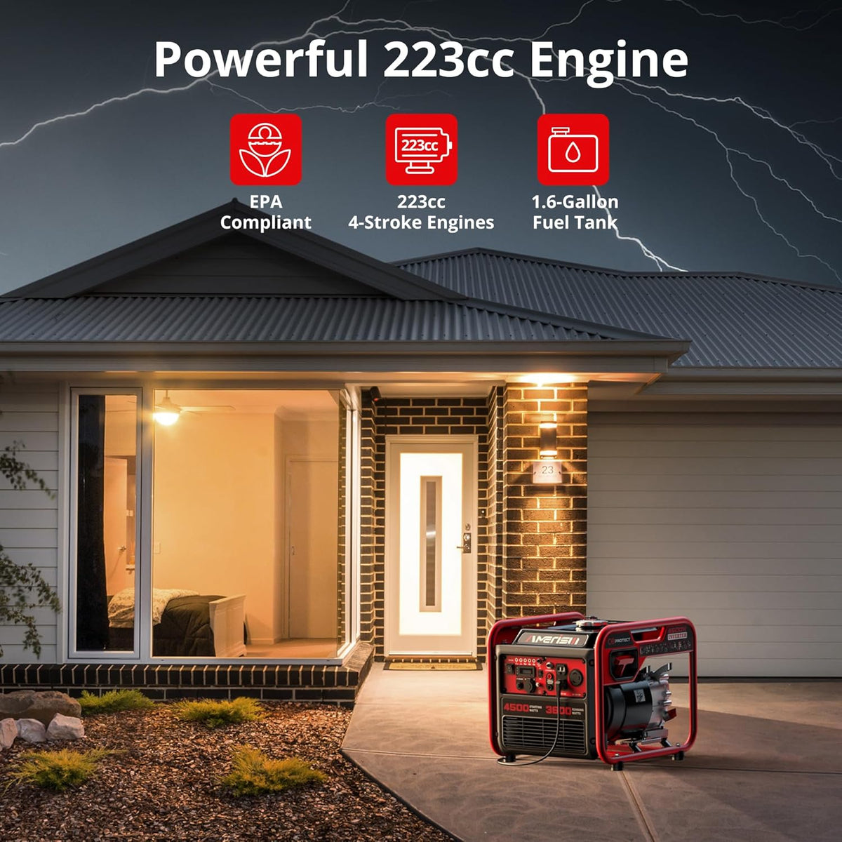 4500W Gas Inverter Generator, 223cc 4-Stroke, 120V 30A RV Outlet