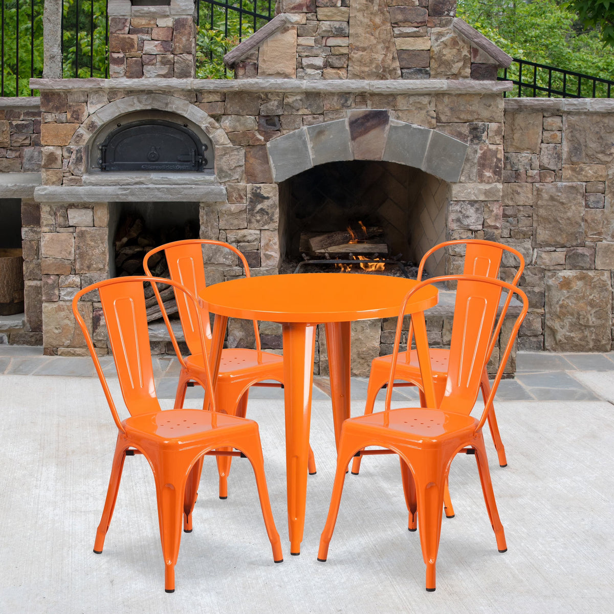 Emma + Oliver 30 in Round White Metal Indoor-Outdoor Table Set With 4 Cafe Chairs