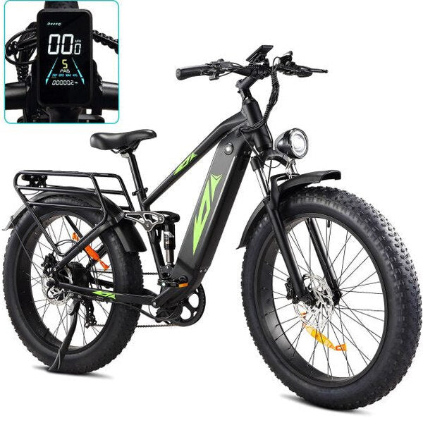 Adult Electric Bike 1000W 48V 17.5AH, 26 Fat Tire, Full Suspension, 28MPH, 7 Speed, 60Miles Range, Black