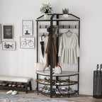 SQRTYVG Corner Hall Tree With Shoe Bench, 10 Movable Metal Hooks, Black - 71.3x18.1x18.1in