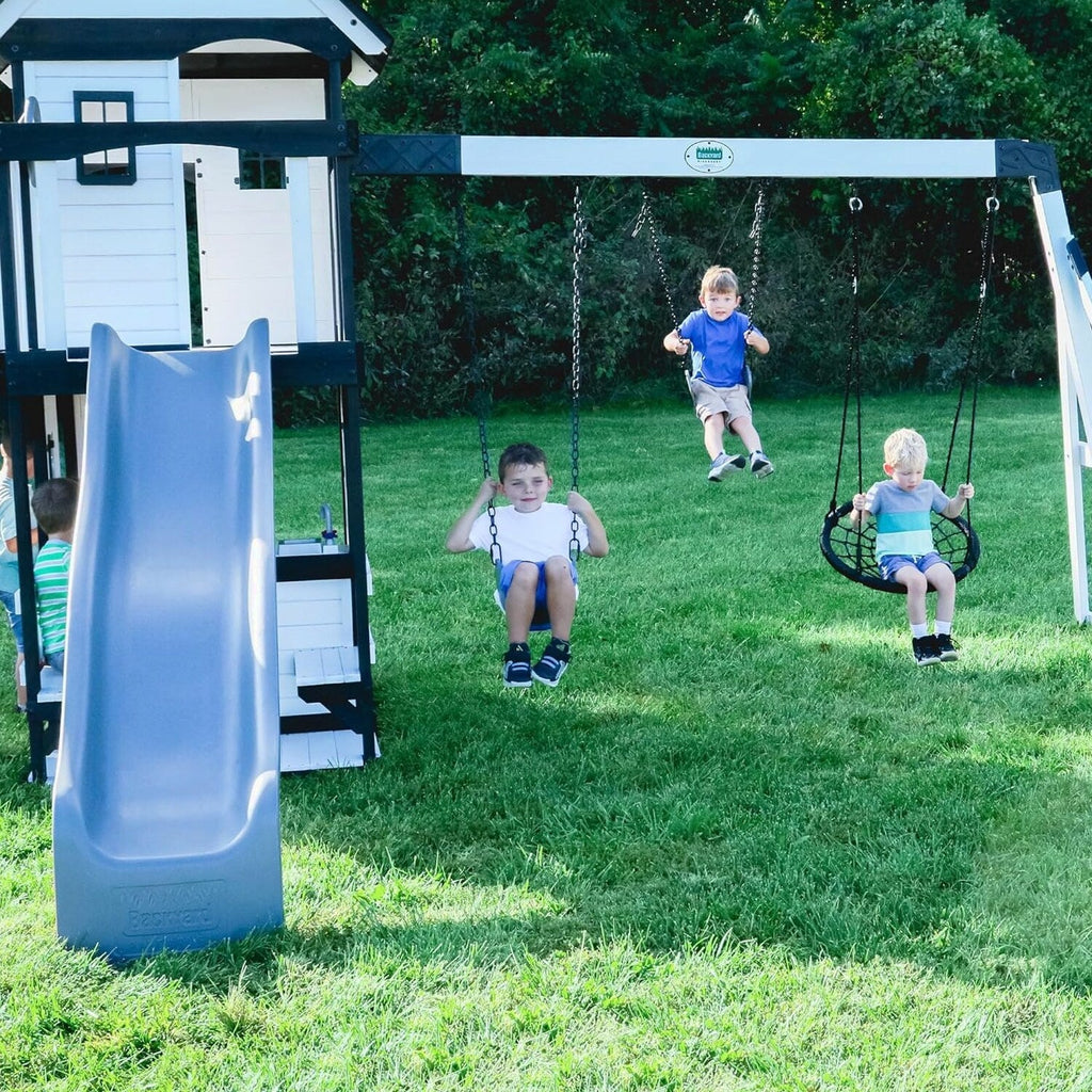 Backyard Discovery Canyon Creek Cedar Wood Swing Set With 8-Foot Wave Slide, Clubhouse And Play Kitchen