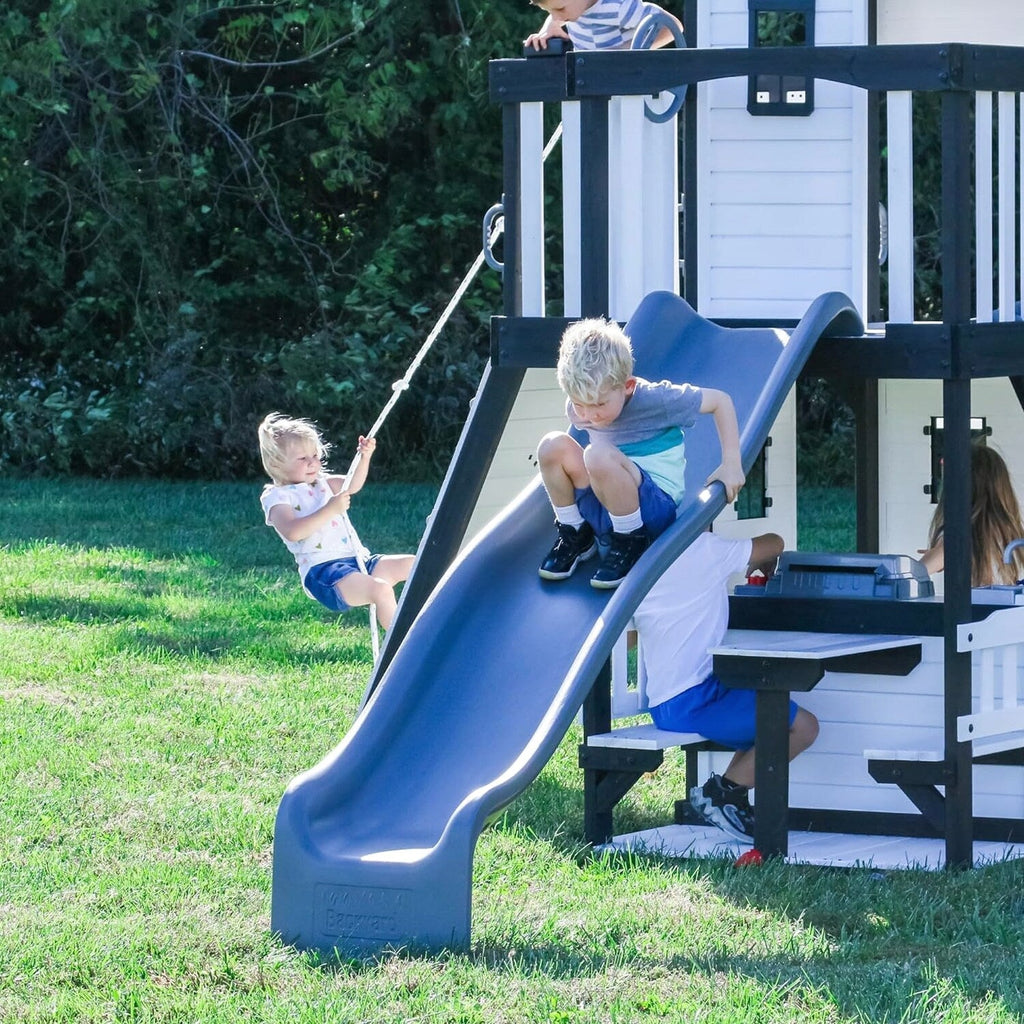 Backyard Discovery Canyon Creek Cedar Wood Swing Set With 8-Foot Wave Slide, Clubhouse And Play Kitchen