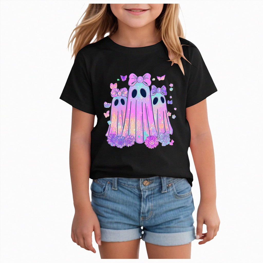 CAUYDY Halloween Ghouls Ghost Retro Girl Kids T-Shirt Graphic Tshirt Little Kids Fall Short Sleeve Tee Tops(Orange, 8-9 Y)