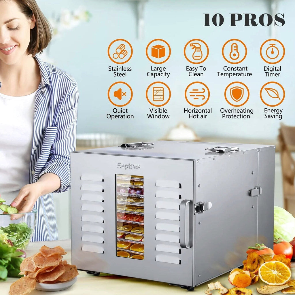Septree Commercial Food Dehydrator With 10 Stainless Steel Trays - 15.6 x 15.6in
