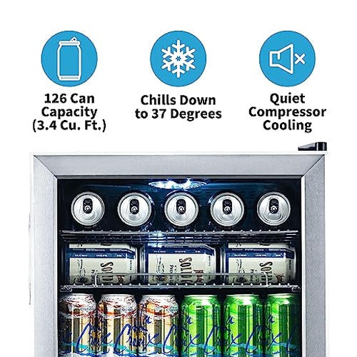 NewAir Beverage Refrigerator Cooler, 126 Cans, 3.4 Cubic Feet, Stainless Steel - AB-1200