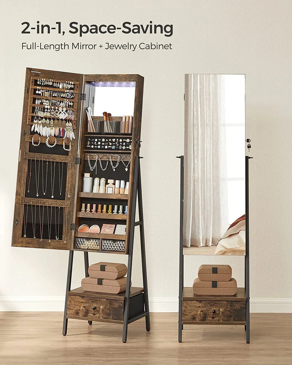 SONGMICS LED Lockable Jewelry Armoire With Full-Length Mirror, Rustic Brown - 14.6in D x 16.3in W x 61.8in H