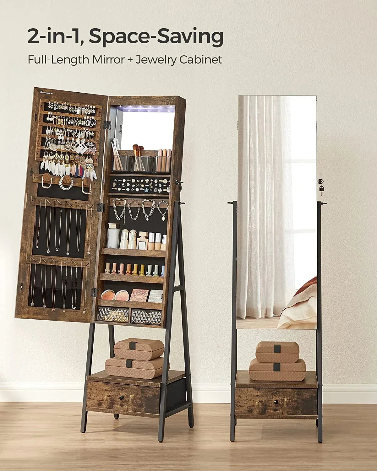 SONGMICS LED Lockable Jewelry Armoire With Full-Length Mirror, Rustic Brown - 14.6in D x 16.3in W x 61.8in H