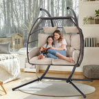 Double Outdoor Swing Loveseat With Stand, Awning And Cushions - Beige