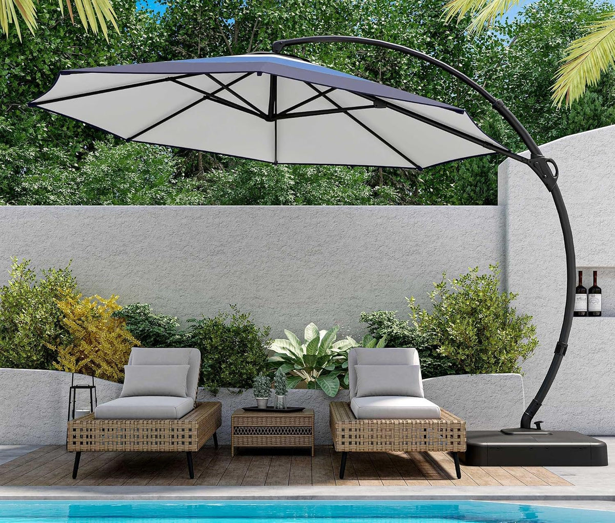 LAUSAINT HOME 11 FT Beige Curvy Cantilever Patio Umbrella With Base