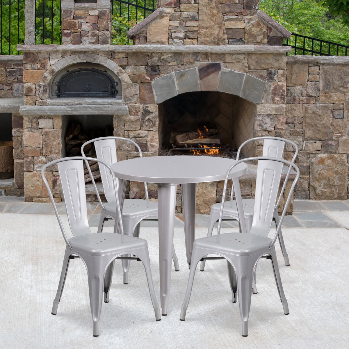 Emma + Oliver 30 in Round White Metal Indoor-Outdoor Table Set With 4 Cafe Chairs