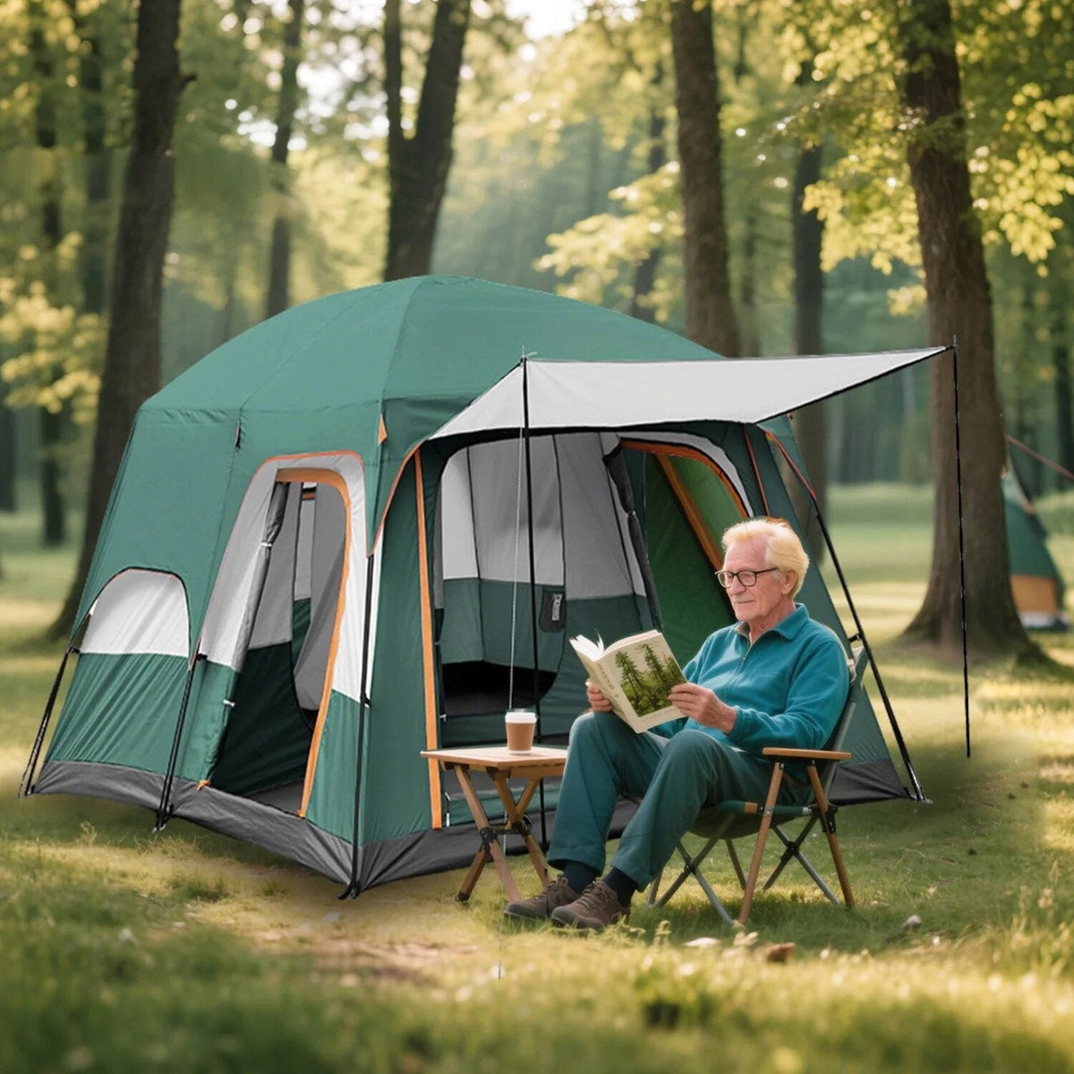 KFeng 12 Person Camping Tent, 2 Rooms, 3 Mesh Doors, 3 Mesh Windows, Brown